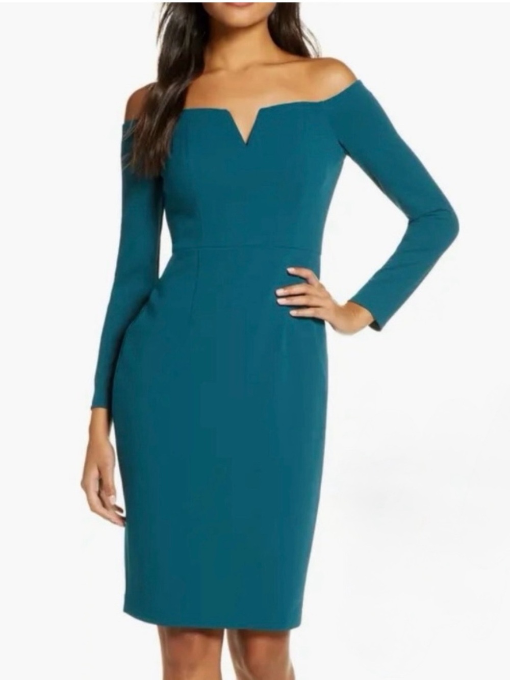 Vince Camuto teal green off shoulder notched vneck long sleeve sheath dress 4